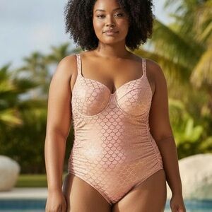 Torrid Pink Gold One Piece Swimsuit Metallic Mermaid Ruching Underwire 6x 6F
